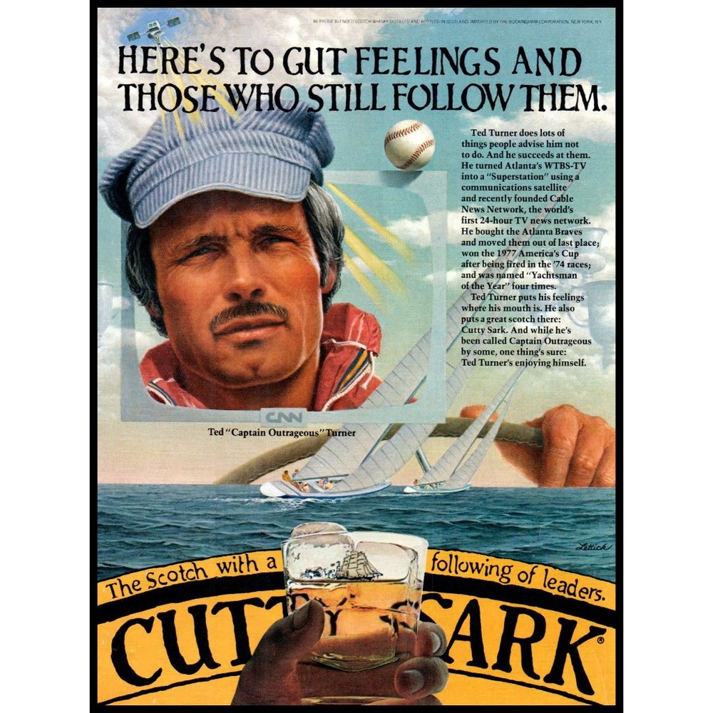 1981 Cutty Sark Scotch Vintage Print Ad Ted Turner America's Cup Yacht Wall Art